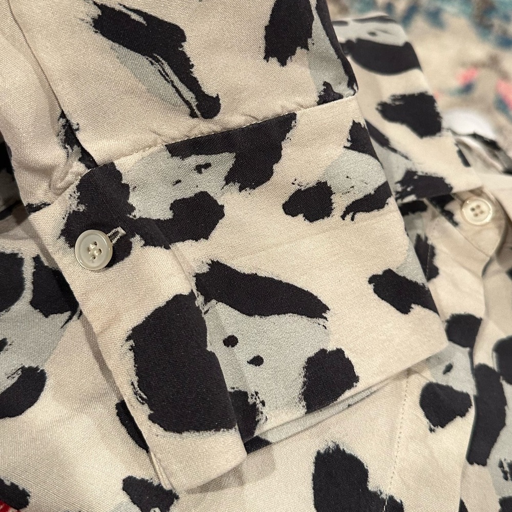 Lafayette 148 Scottie Silk Animal Print Leopard Black Cream White Blue Blouse M - Picture 6 of 11